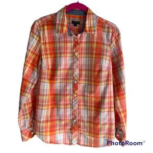 Talbots Ladies Orange Cotton Plaid Multicolor Roll Tab Sleeve Career Top, S